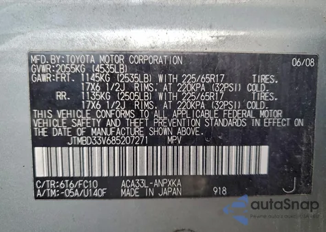 2008 Toyota Rav4 from USA, damaged, VIN JTMBD33V685207271